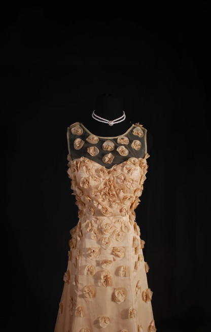 Retro Prom Dresses A Line 2 Pieces Gold Tulle Floral Vintage Long Prom Dresses Party Gowns AU029