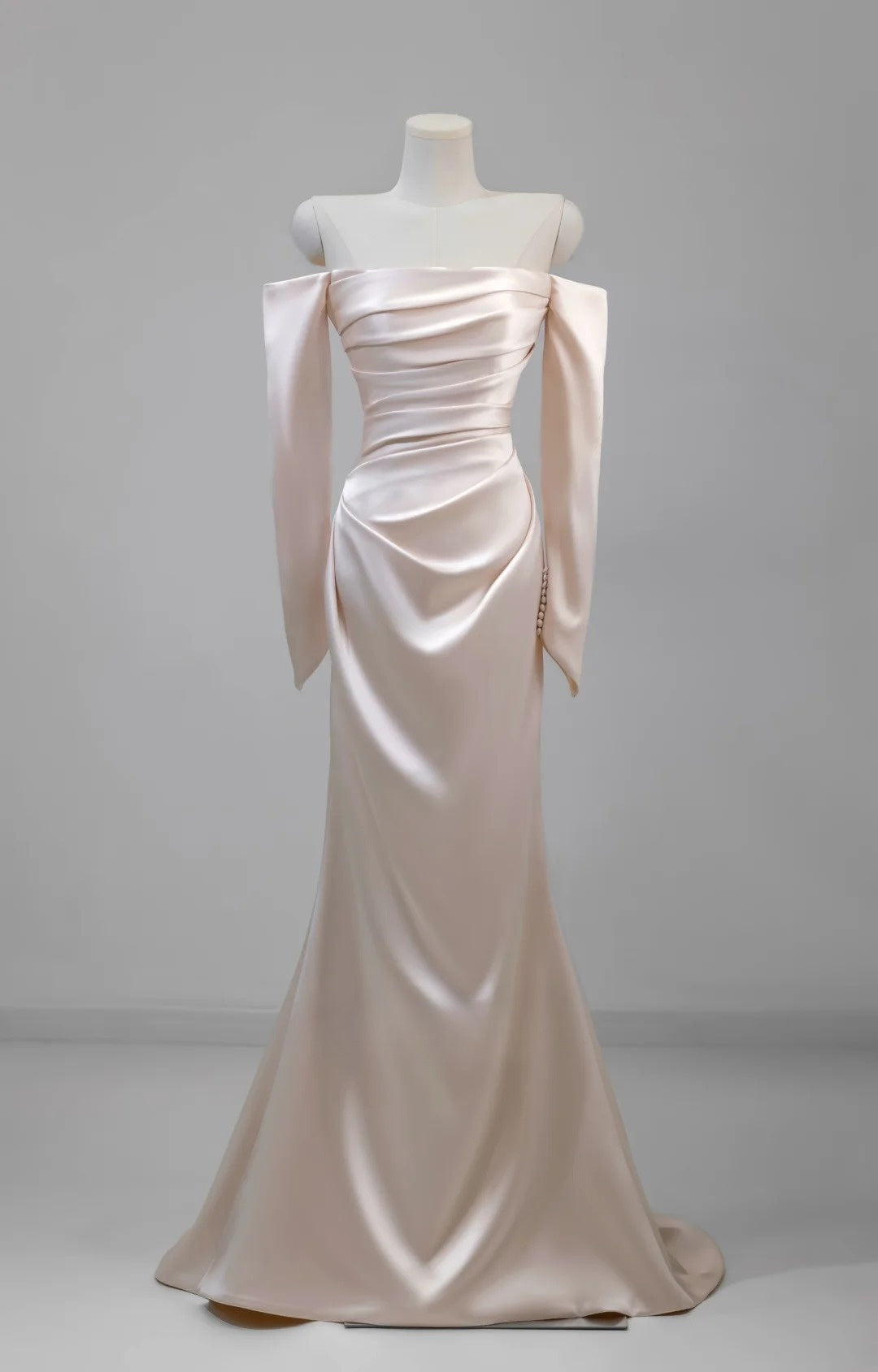 Charming Women's Mermaid Off The Shoulder Satin Light Pink With Long Sleeves Wedding Dresses AU030
