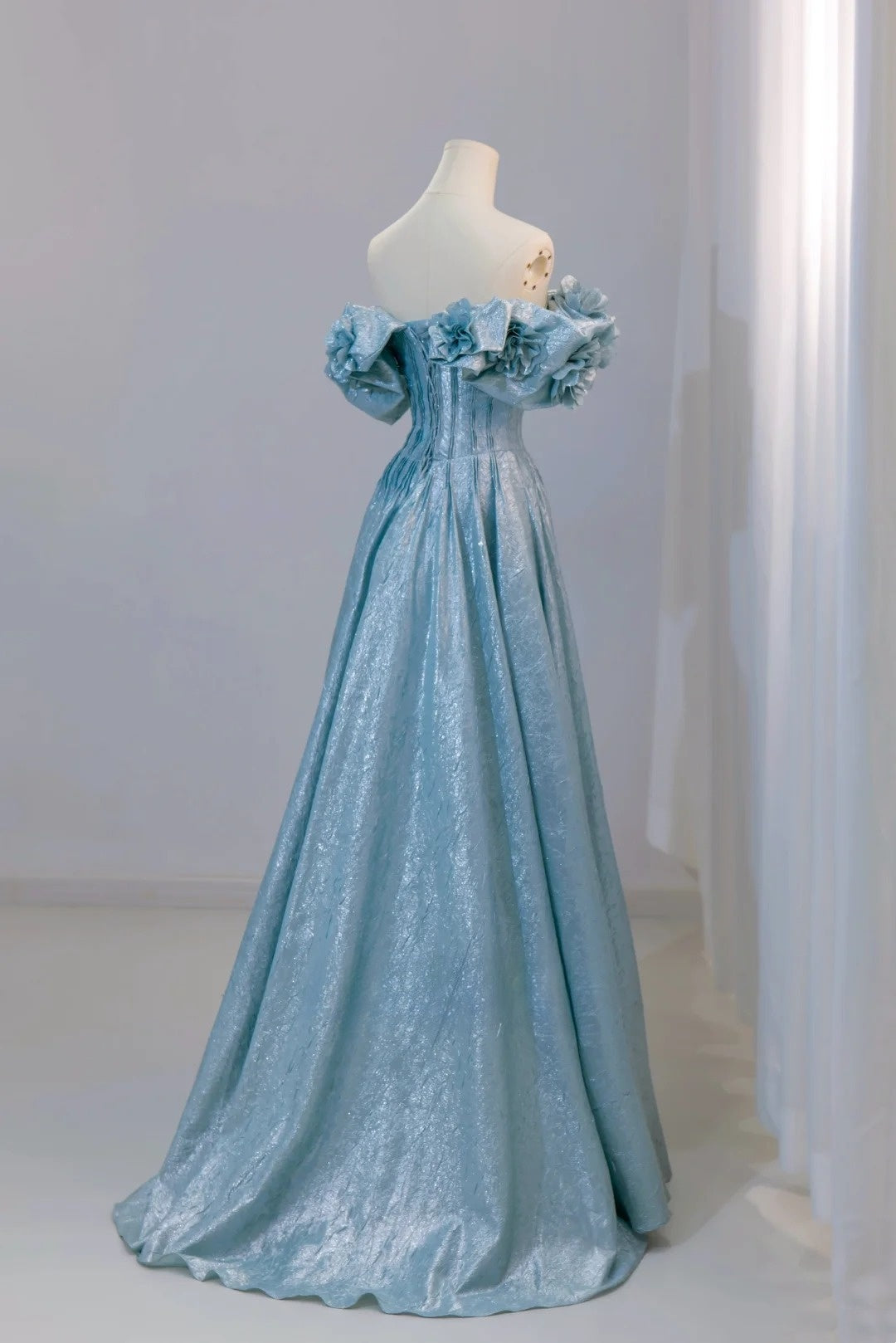 Classy A line Off The Shoulder Blue Floor Length Prom Dresses Formal Dress Birthday Outfits Prom Gown AU031