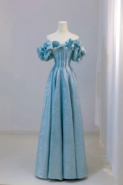 Classy A line Off The Shoulder Blue Floor Length Prom Dresses Formal Dress Birthday Outfits Prom Gown AU031