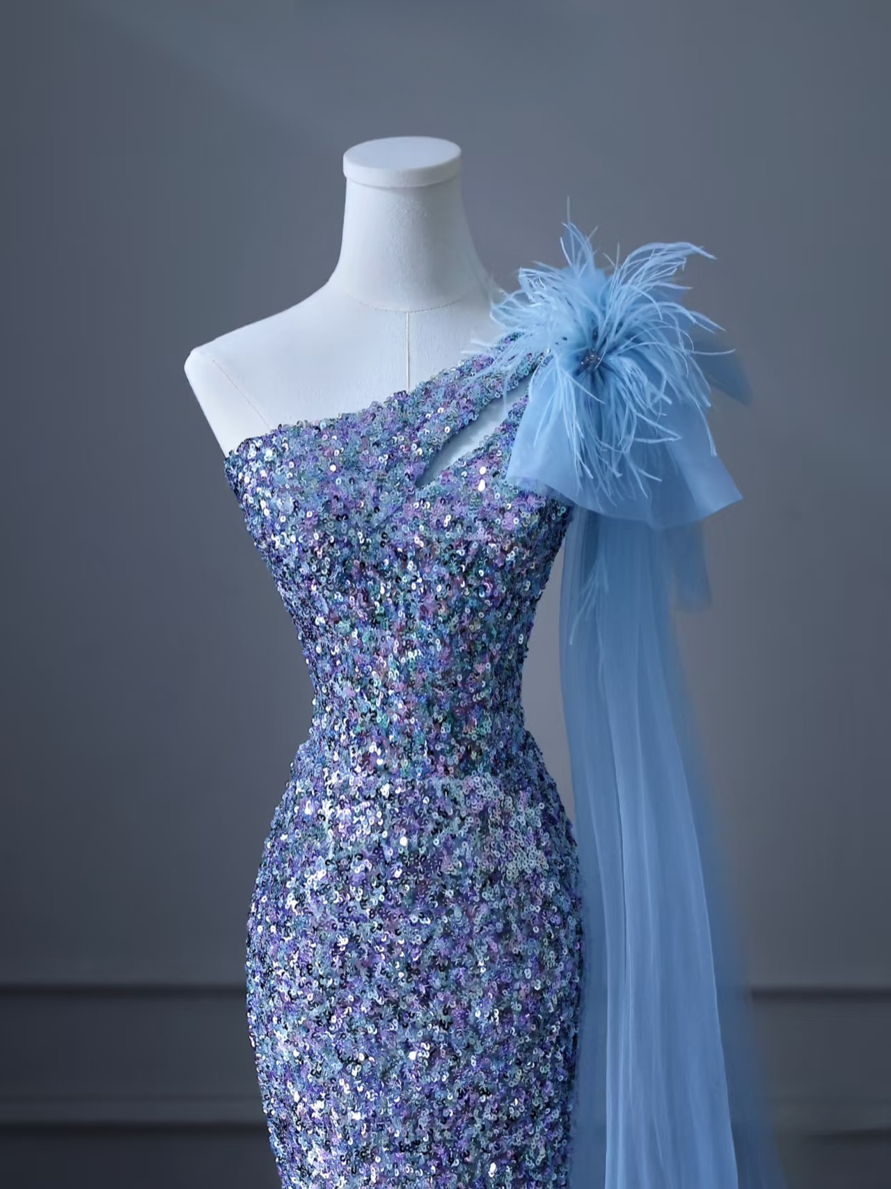 Sexy Mermaid One Shoulder Sleeveless Sequin Floor Length Stunning Prom Dresses Blue Inspiration High School Dance Dress Princess Graduation Dress AU032