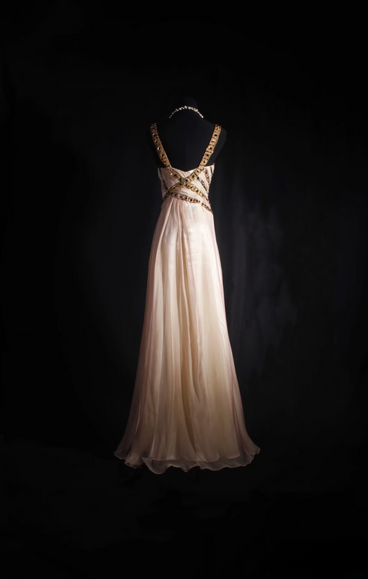 Robe de bal longue vintage trapèze à bretelles ornée de perles dorées, inspiration années 80, en mousseline. Robe de soirée/bal AU034