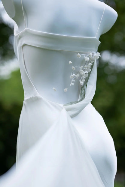 Princess Women's Mermaid Spaghetti Straps With Flowers Backless White Floor Length Wedding Dresses AU034