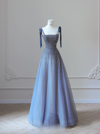Sexy A-Linie Träger Tüll Ärmellos Pailletten Bodenlang Atemberaubende Ballkleider Blau Inspiration High School Tanzkleid Prinzessin Abschlusskleid AU035