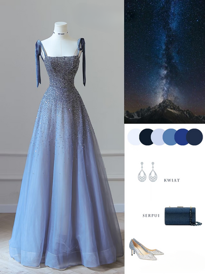 Sexy A-Linie Träger Tüll Ärmellos Pailletten Bodenlang Atemberaubende Ballkleider Blau Inspiration High School Tanzkleid Prinzessin Abschlusskleid AU035