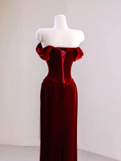 Modest Mermaid Off The Shoulder Burgundy Velvet Prom Dresses Long Party Dress Evening Outfits Graduation Dress AU035