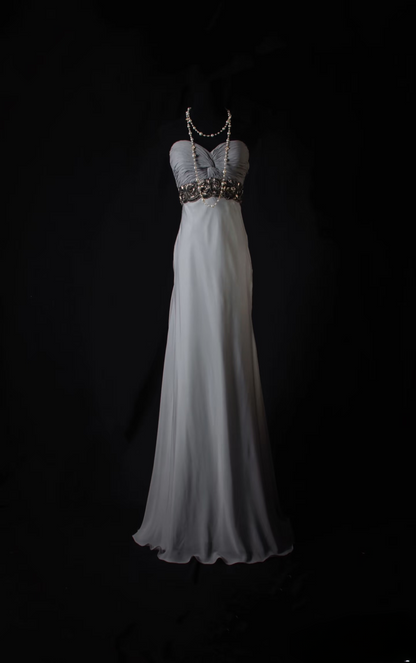 Robes de bal rétro, coupe trapèze, décolleté cœur, gris argenté, perles, style vintage années 80, robes de soirée longues, référence AU035