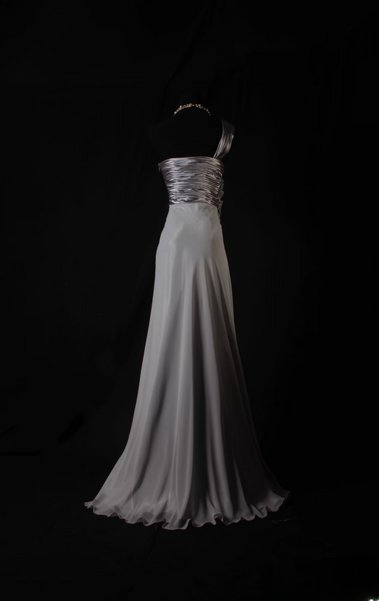 Retro Prom Dresses A Line One Shoulder Silver Gray 70s Pleated Vintage Fashion Long Prom Dresses Party Gowns AU036