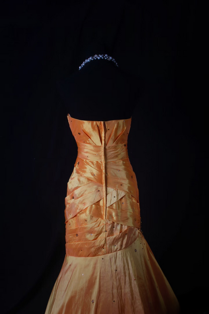 Robe de bal rétro sirène bustier années 50-60 en taffetas orange perlé, robe de soirée longue vintage AU037