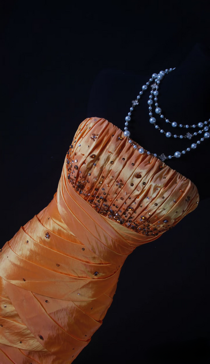 Robe de bal rétro sirène bustier années 50-60 en taffetas orange perlé, robe de soirée longue vintage AU037