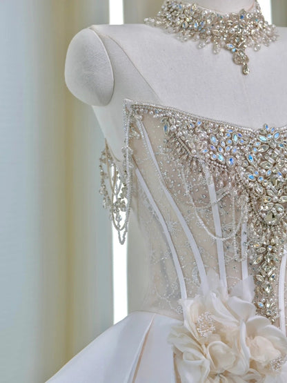 Princess Women's Ball Gown Strapless White With Silver Beads Satin Floor Length Wedding Dresses AU037