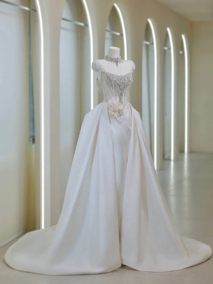 Princess Women's Ball Gown Strapless White With Silver Beads Satin Floor Length Wedding Dresses AU037