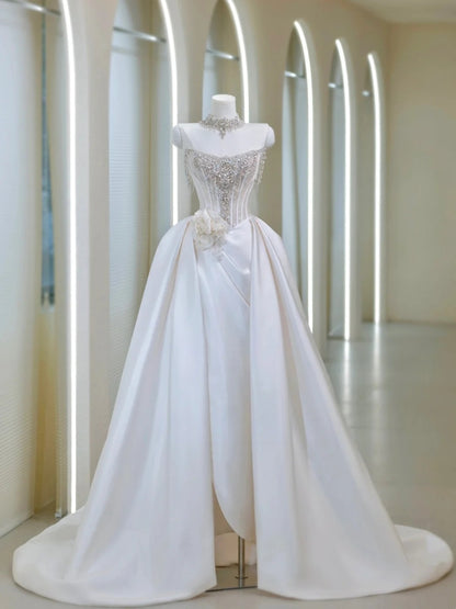 Princess Women's Ball Gown Strapless White With Silver Beads Satin Floor Length Wedding Dresses AU037