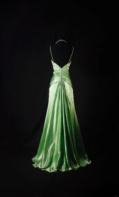 Robe de bal rétro sirène à fines bretelles années 80 avec fente ornée de perles argentées, en satin vert, style vintage, robe de soirée longue AU038