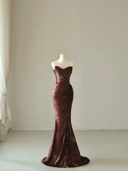 Robe de bal longue à sequins bordeaux, décolleté cœur, style sirène scintillante, sans manches, AB219