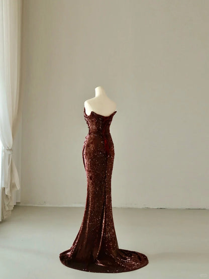 Robe de bal longue à sequins bordeaux, décolleté cœur, style sirène scintillante, sans manches, AB219