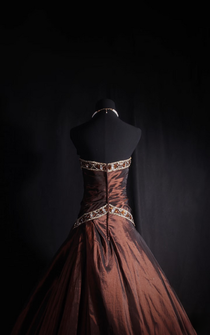 Robe de bal vintage bustier marron à perles, inspiration années 80, robe de soirée longue, robe de bal de fin d'année AU039