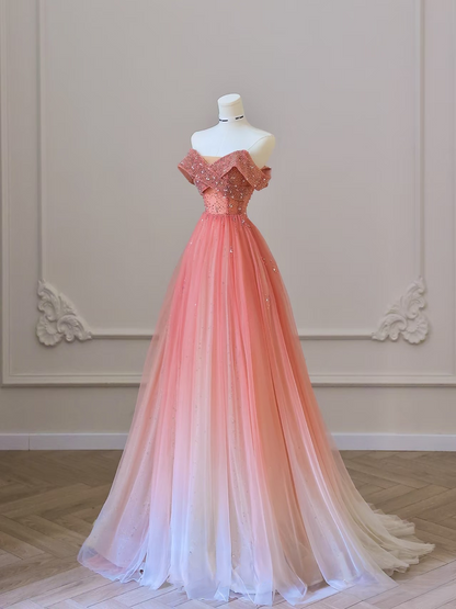 Schlichtes Ballkleid, schulterfrei, Tüll, rosa Ombre, bodenlang, atemberaubende Ballkleider, Inspiration, Ballkleid, Prinzessin, formelles Abschlusskleid, AU040