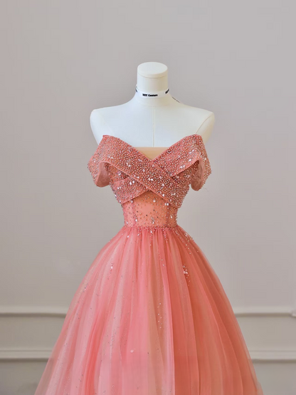 Schlichtes Ballkleid, schulterfrei, Tüll, rosa Ombre, bodenlang, atemberaubende Ballkleider, Inspiration, Ballkleid, Prinzessin, formelles Abschlusskleid, AU040