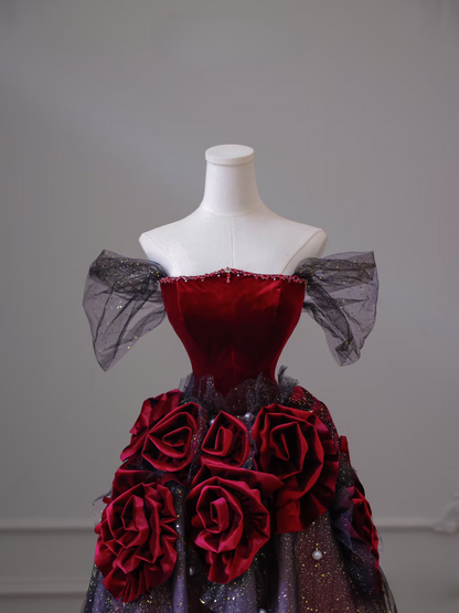 Sexy Ballkleid aus schulterfreiem Tüll mit kurzen Ärmeln, rot, bodenlang, atemberaubende Ballkleider, Inspiration für High School-Tanzkleider, Prinzessinnen-Abschlusskleid AU041