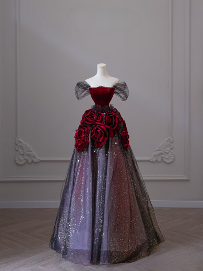 Sexy Ballkleid aus schulterfreiem Tüll mit kurzen Ärmeln, rot, bodenlang, atemberaubende Ballkleider, Inspiration für High School-Tanzkleider, Prinzessinnen-Abschlusskleid AU041
