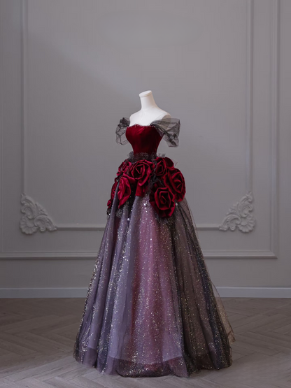 Sexy Ballkleid aus schulterfreiem Tüll mit kurzen Ärmeln, rot, bodenlang, atemberaubende Ballkleider, Inspiration für High School-Tanzkleider, Prinzessinnen-Abschlusskleid AU041