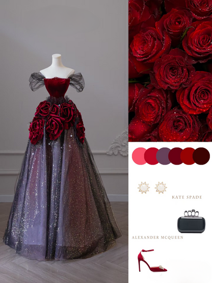 Sexy Ballkleid aus schulterfreiem Tüll mit kurzen Ärmeln, rot, bodenlang, atemberaubende Ballkleider, Inspiration für High School-Tanzkleider, Prinzessinnen-Abschlusskleid AU041