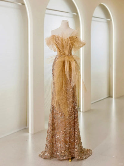 Classy Mermaid Off The Shoulder Gold Sequin Prom Dresses Long Party Dress Evening Outfits Graduation Dress AU041