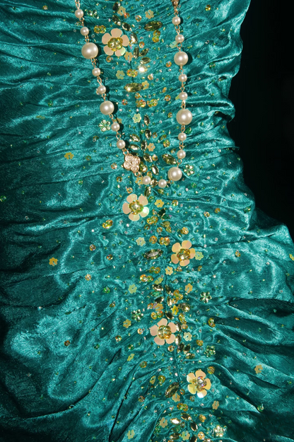 Retro Prom Dresses Mermaid Halter Green With Gold Beaded 70s Pleated Vintage Fashion Long Prom Dresses Party Gowns AU041