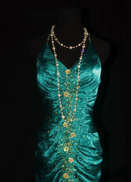 Retro Prom Dresses Mermaid Halter Green With Gold Beaded 70s Pleated Vintage Fashion Long Prom Dresses Party Gowns AU041