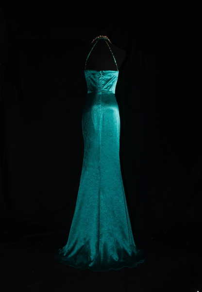 Retro Prom Dresses Mermaid Halter Green With Gold Beaded 70s Pleated Vintage Fashion Long Prom Dresses Party Gowns AU041