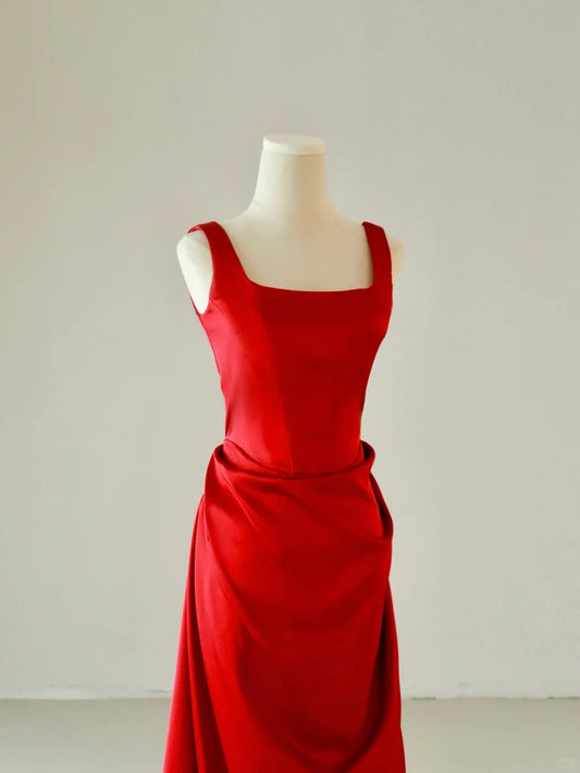 Simple Mermaid Square Neck Satin Red Sleeveless Prom Dresses Long Prom Gowns AB220