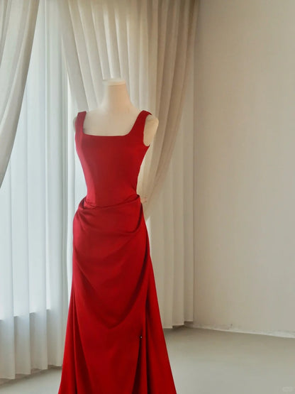 Simple Mermaid Square Neck Satin Red Sleeveless Prom Dresses Long Prom Gowns AB220