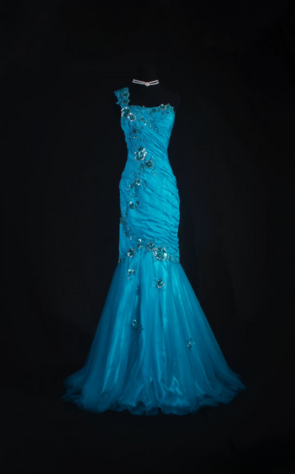 Robe de bal rétro sirène asymétrique bleue ornée de perles, style années 70-80, plissée, robe de soirée longue vintage AU043