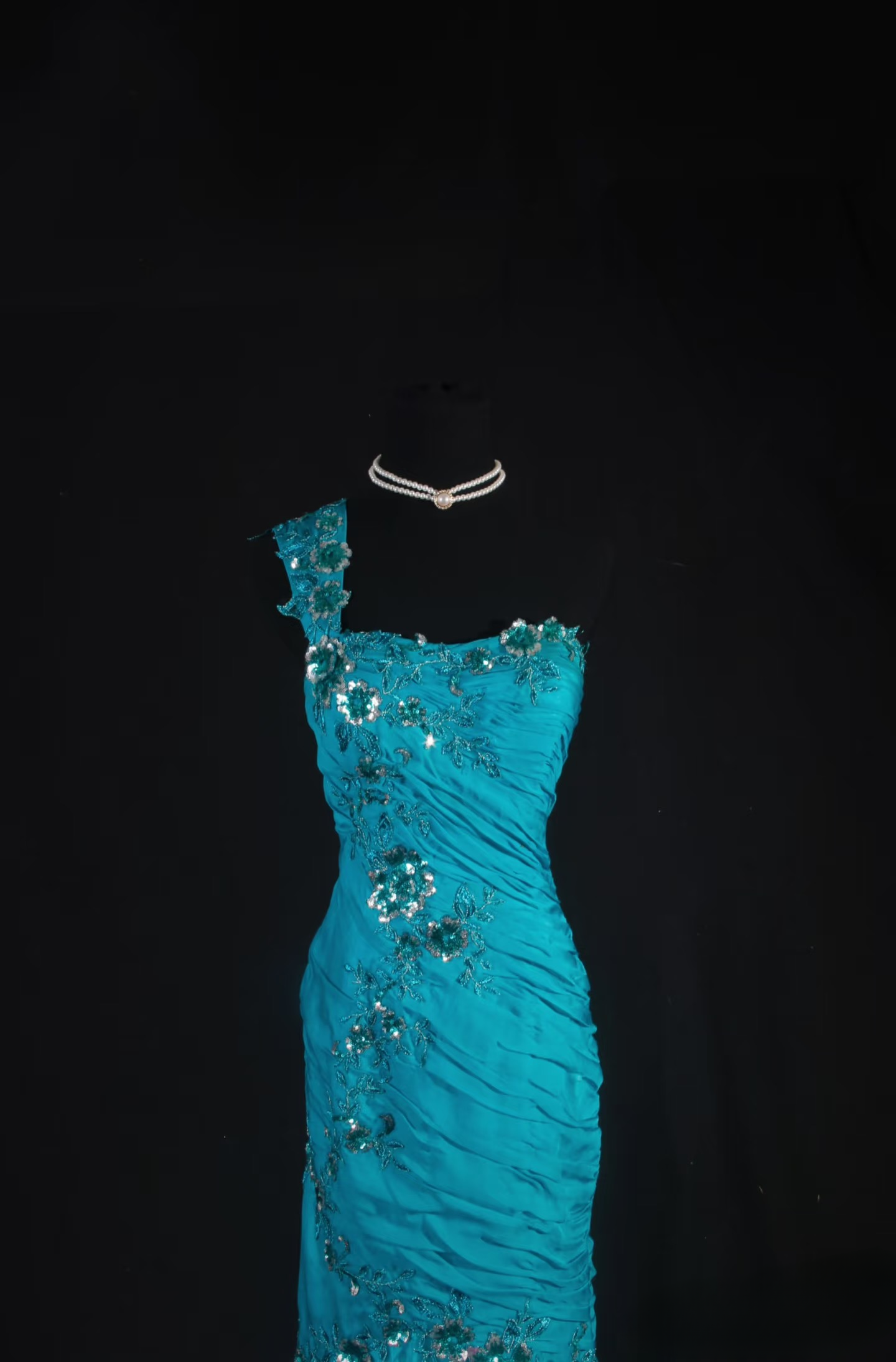 Robe de bal rétro sirène asymétrique bleue ornée de perles, style années 70-80, plissée, robe de soirée longue vintage AU043