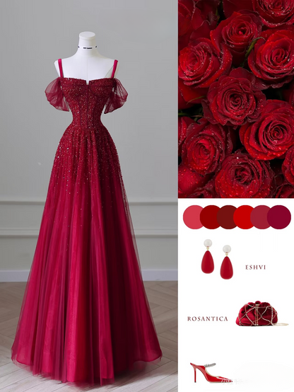 Elegant Ball Gown Spaghetti Straps Tulle Short Sleeves Burgundy Long Stunning Prom Dresses Inspiration Prom Gowns Princess Graduation Dress AU044