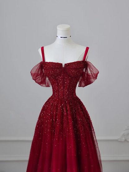 Elegant Ball Gown Spaghetti Straps Tulle Short Sleeves Burgundy Long Stunning Prom Dresses Inspiration Prom Gowns Princess Graduation Dress AU044