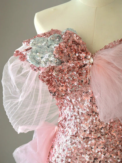 Sparkly Mermaid Sweetheart Ombre Pink Silver Sequins Sleeveless Prom Dresses Long Prom Gowns AB221