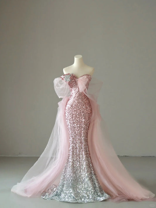 Sparkly Mermaid Sweetheart Ombre Pink Silver Sequins Sleeveless Prom Dresses Long Prom Gowns AB221