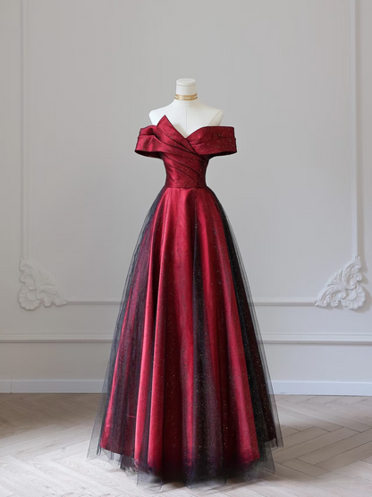 Schlichtes Ballkleid aus schulterfreiem Tüll in Burgunderrot, atemberaubende Ballkleider, Inspiration, Ballkleider mit Ärmeln, Prinzessin, formelles Abschlusskleid AU045
