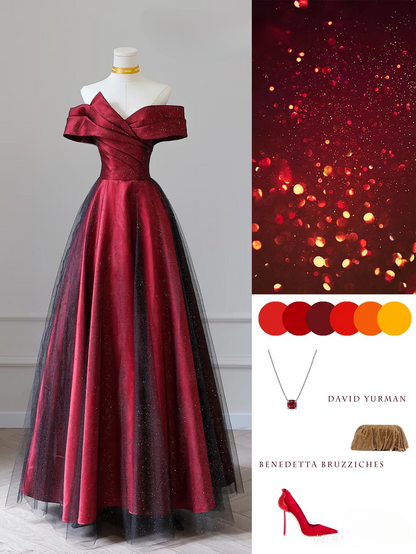Schlichtes Ballkleid aus schulterfreiem Tüll in Burgunderrot, atemberaubende Ballkleider, Inspiration, Ballkleider mit Ärmeln, Prinzessin, formelles Abschlusskleid AU045