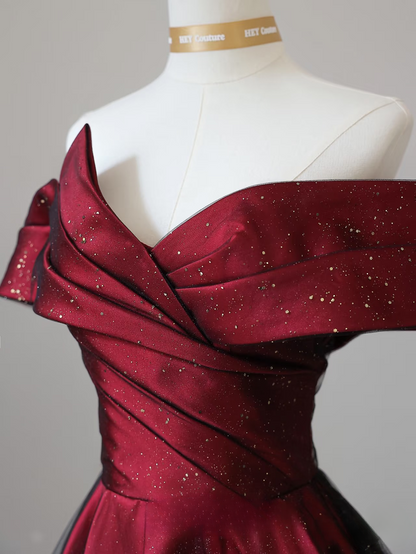 Schlichtes Ballkleid aus schulterfreiem Tüll in Burgunderrot, atemberaubende Ballkleider, Inspiration, Ballkleider mit Ärmeln, Prinzessin, formelles Abschlusskleid AU045