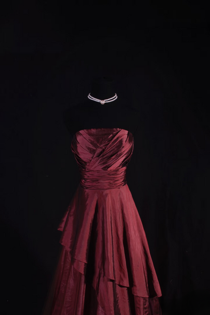 Vintage-Ballkleid, trägerlos, burgunderrot, Taft, inspiriert von den 80er Jahren, langes Abendkleid, Ballkleid, Partykleid, Abiballkleid AU045