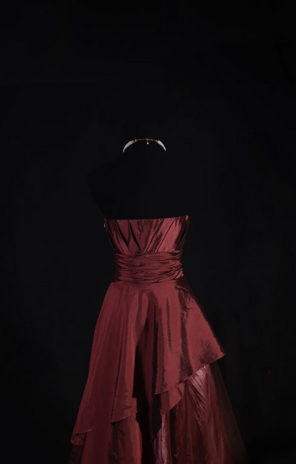 Vintage-Ballkleid, trägerlos, burgunderrot, Taft, inspiriert von den 80er Jahren, langes Abendkleid, Ballkleid, Partykleid, Abiballkleid AU045