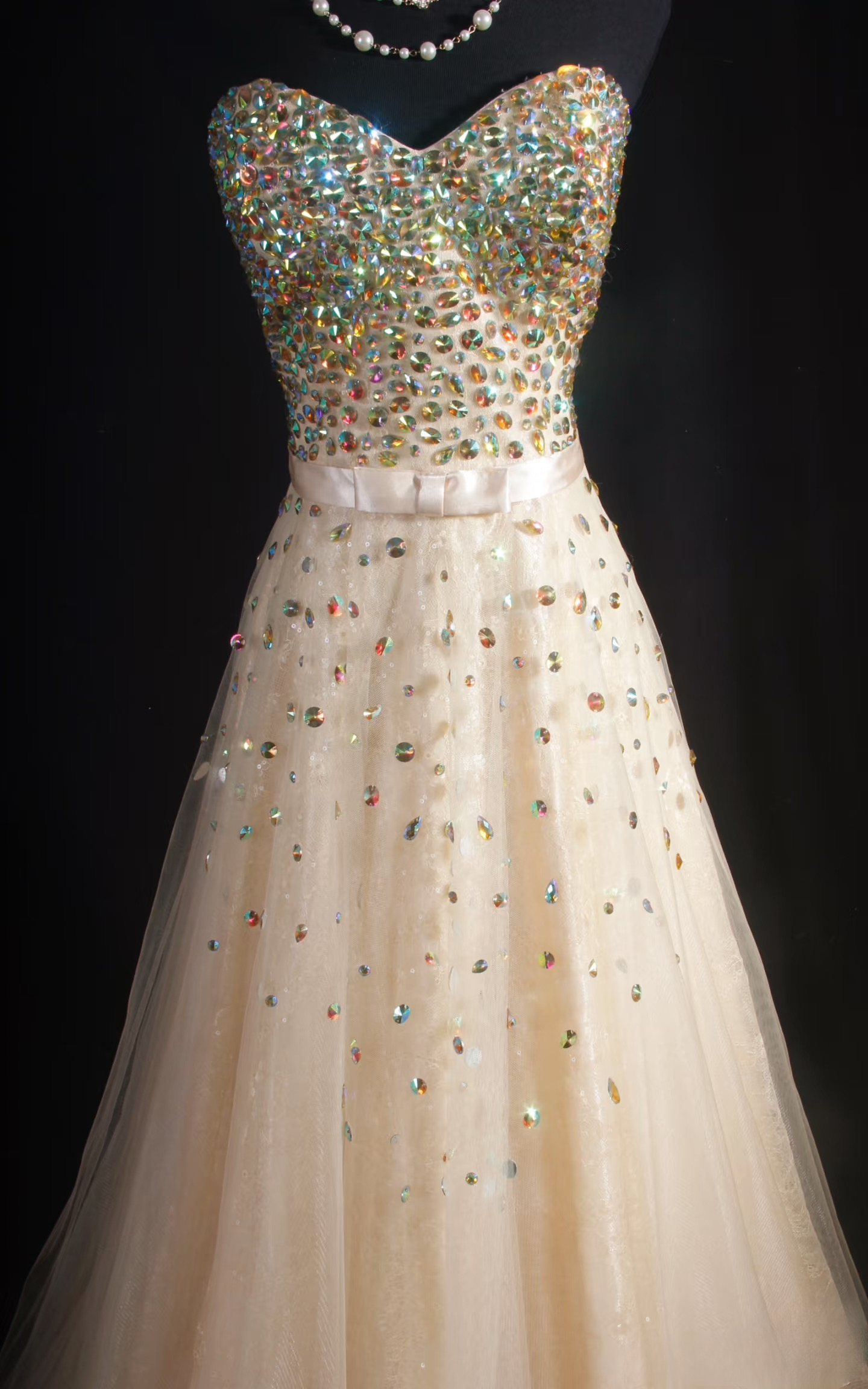 Vintage Prom Dresses 1980s Retro Classy A line Sweethart Tulle Champagne Beaded Inspo Long Prom Gown AU046
