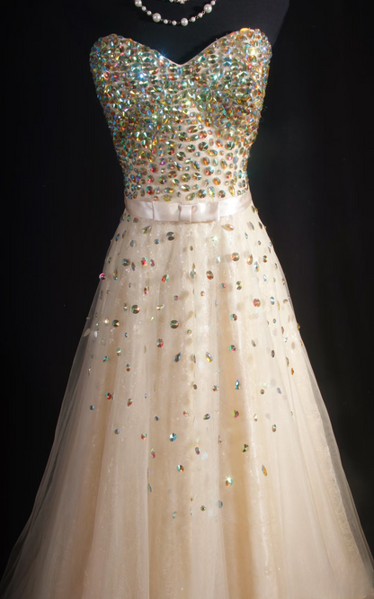 Vintage Prom Dresses 1980s Retro Classy A line Sweethart Tulle Champagne Beaded Inspo Long Prom Gown AU046
