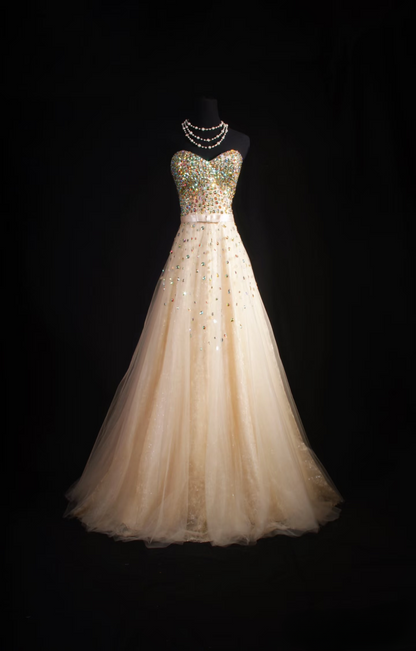Vintage Prom Dresses 1980s Retro Classy A line Sweethart Tulle Champagne Beaded Inspo Long Prom Gown AU046