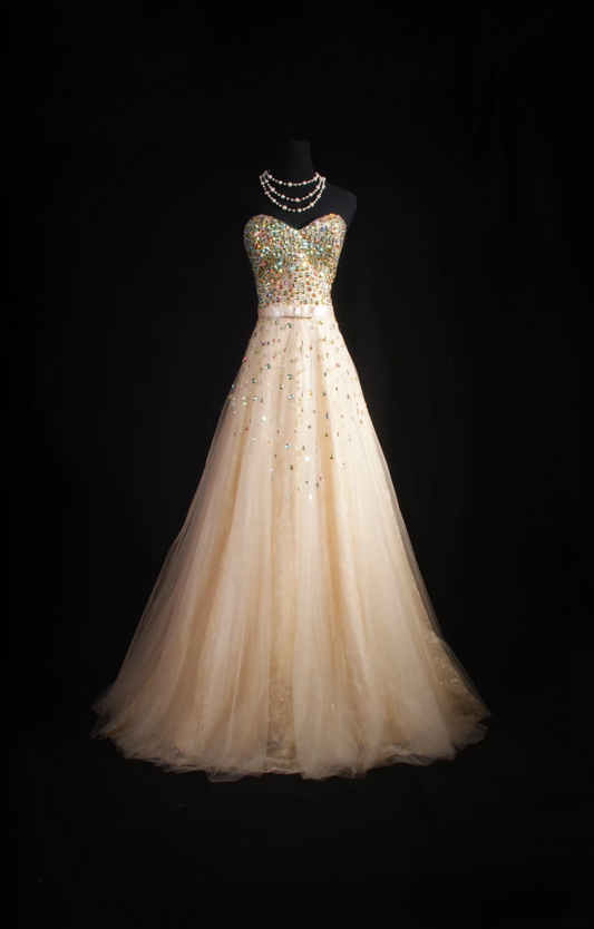 Vintage Prom Dresses 1980s Retro Classy A line Sweethart Tulle Champagne Beaded Inspo Long Prom Gown AU046