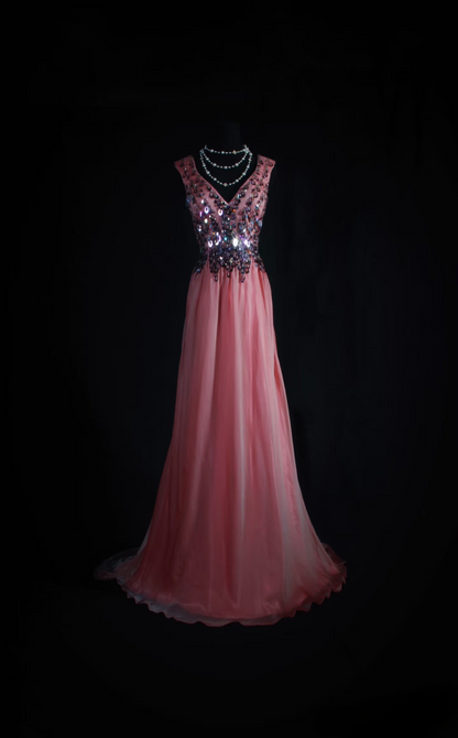 Robe de bal vintage années 1950, style rétro chic, coupe trapèze, col en V, en mousseline rose ornée de perles, robe longue inspirée des années 1950 (AU047)