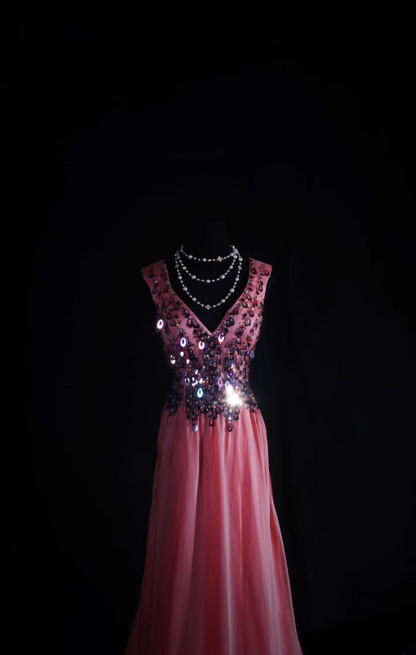 Robe de bal vintage années 1950, style rétro chic, coupe trapèze, col en V, en mousseline rose ornée de perles, robe longue inspirée des années 1950 (AU047)